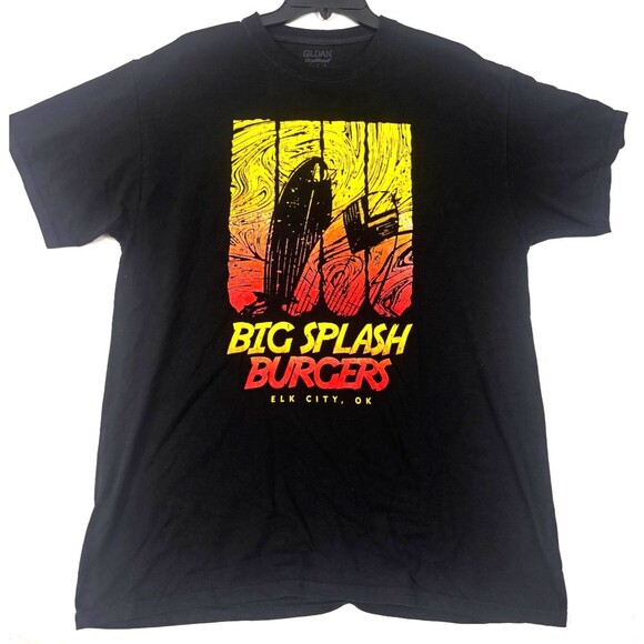 Big Splash Burgers Men’s Large Black Graphic T-Shirt Gildan DryBlend Surf Wave - Picture 1 of 6